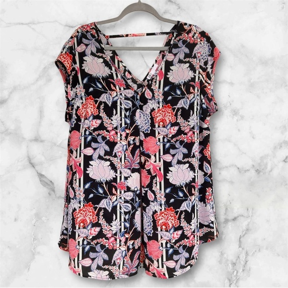 DR2 Floral V-Neck navy  and Pink Women's Top sz 1X nwot , 015 - Picture 1 of 2